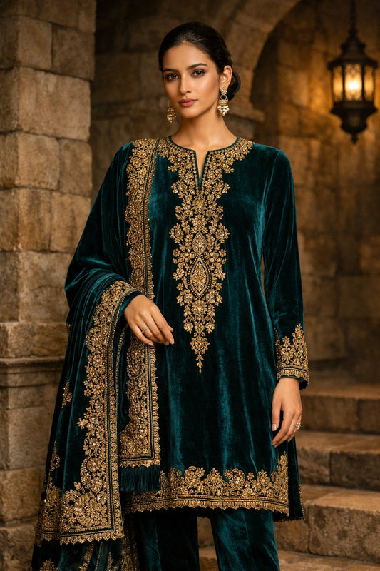 Emerald velvet formal ensemble featuring intricate embroidery, paired with tailored velvet trousers and an embroidered velvet dupatta by Miraam.