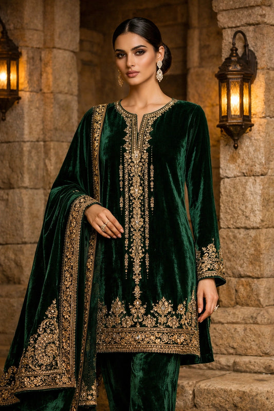 Emerald velvet formal ensemble featuring intricate hand embroidery, tailored velvet trousers, and an embroidered velvet dupatta by Miraam.
