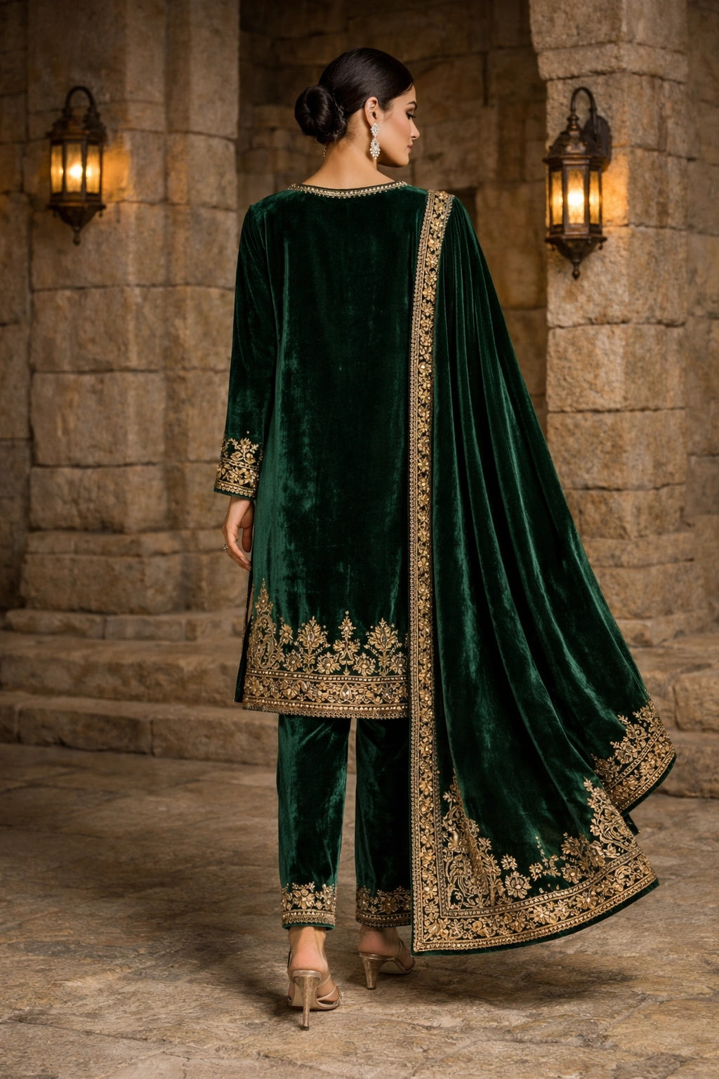 Emerald velvet formal ensemble featuring intricate hand embroidery, tailored velvet trousers, and an embroidered velvet dupatta by Miraam.