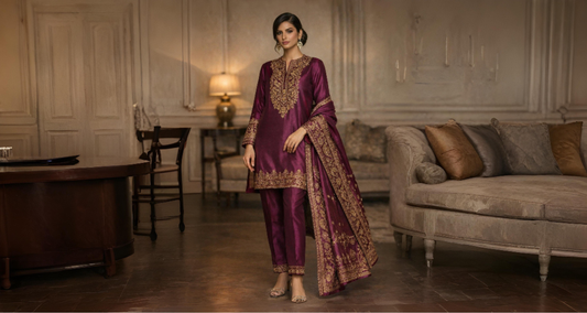 Luxury Pakistani designer outfit by Miraam crafted in pure silk with elegant embroidery