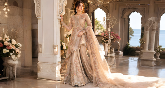 Model wearing luxury formal ensemble from Miraam Aurelia Formal Collection featuring intricate embroidery and hand embellishment