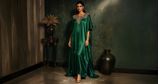 Emerald green sheesha silk kaftan with embroidery Miraam