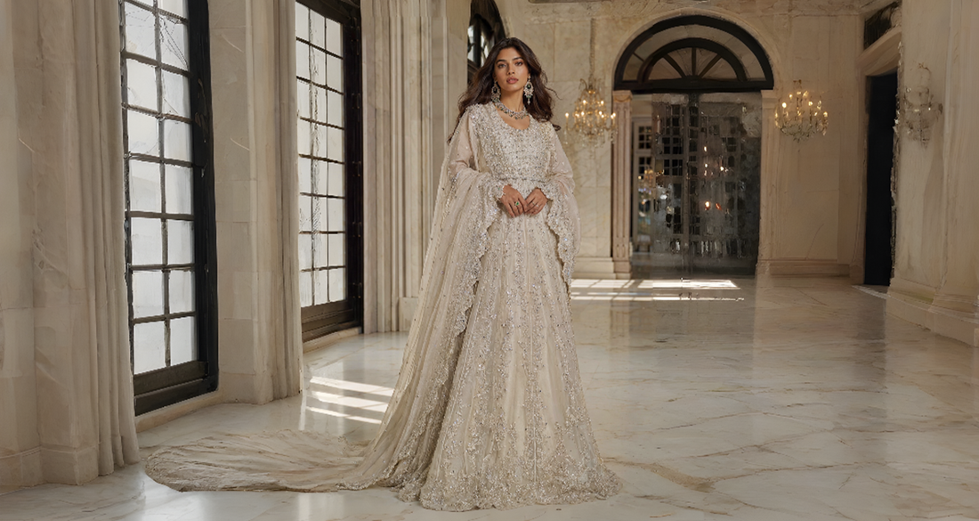 Luxury heritage formal outfit featuring intricate handcrafted details and timeless Pakistani occasion wear aesthetics