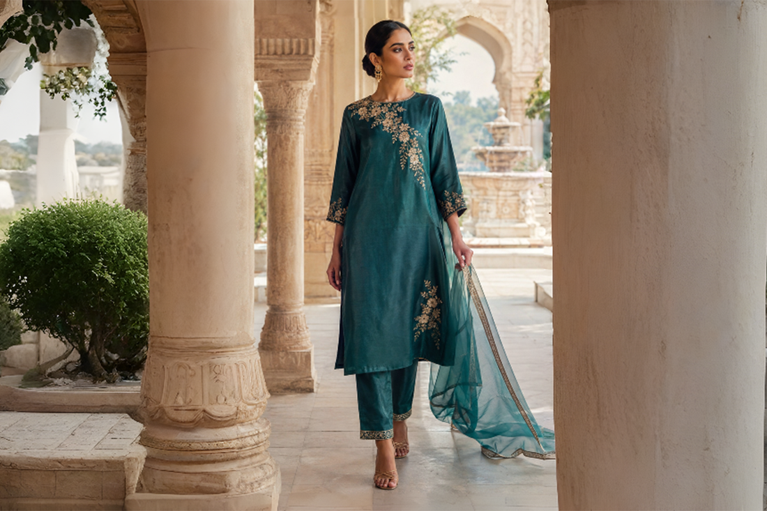 Afsana Formal Collection by Miraam featuring embroidered Sheesha Silk Pakistani formal wear