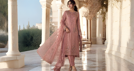 Rosélia Blush raw silk embroidered suit