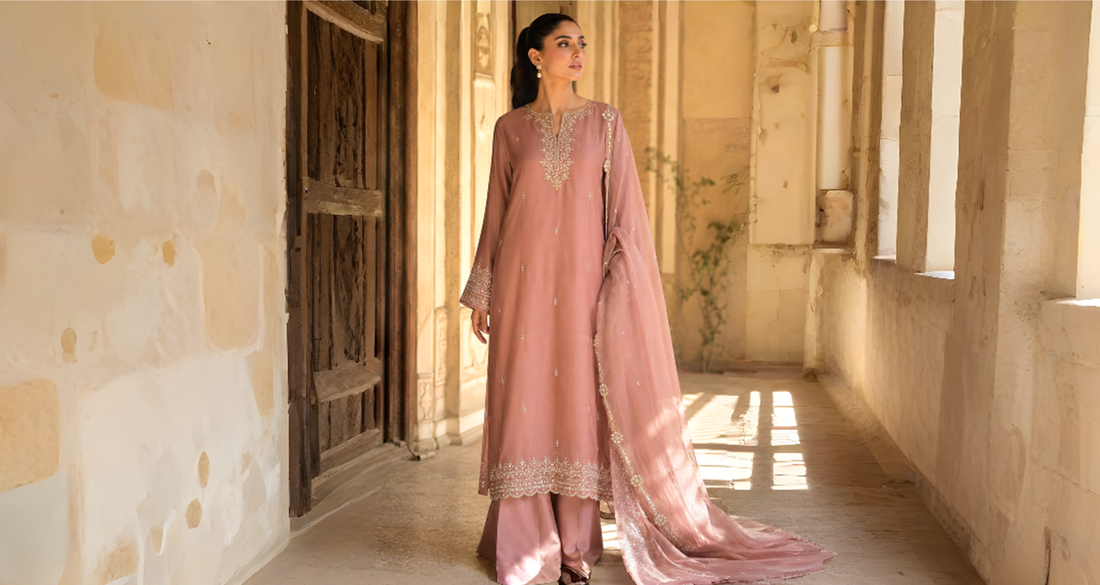 Luxury Korean Silk Formal Collection by Miraam featuring embroidered Korean silk dresses with organza dupattas