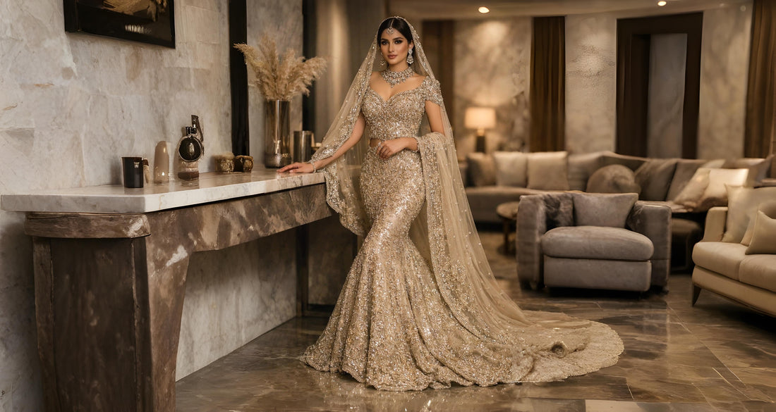 Champagne sculpted bridal gown with intricate hand embroidery and sheer dupatta by Miraam Bridal Couture