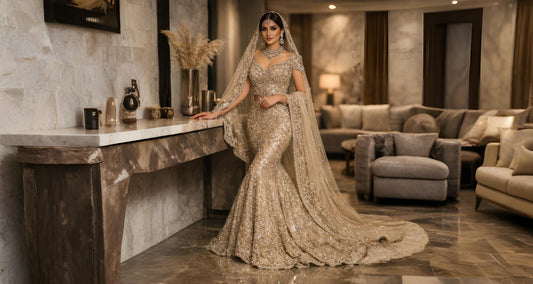 Champagne sculpted bridal gown with intricate hand embroidery and sheer dupatta by Miraam Bridal Couture