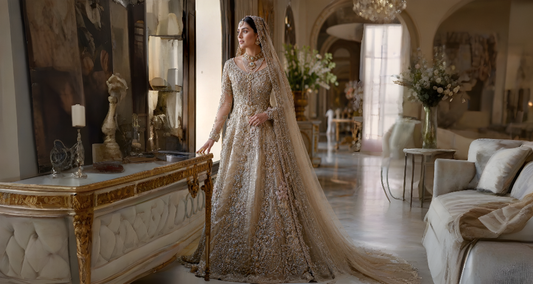 Model wearing Nooré Champagne Bridal Gown from the Noor-e-Saltanat Bridal Couture Collection by Miraam in a luxury palace-inspired setting.