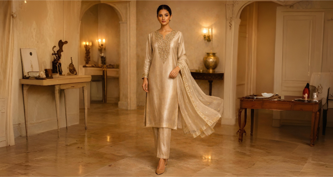 Miraam Sheesha Silk formal ensemble showcasing luminous texture and handcrafted embellishments