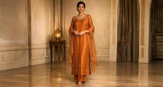 Luxury Pakistani couture silk fabric with refined drape and natural sheen
