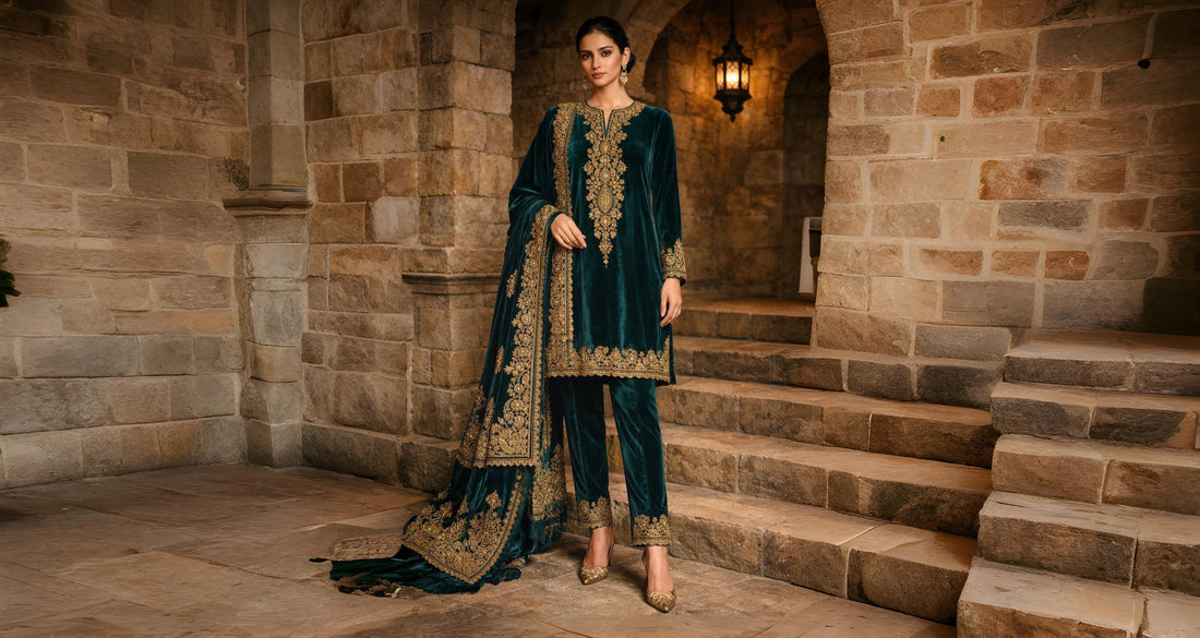 Luxury emerald velvet formal ensemble showcasing refined winter elegance by Miraam