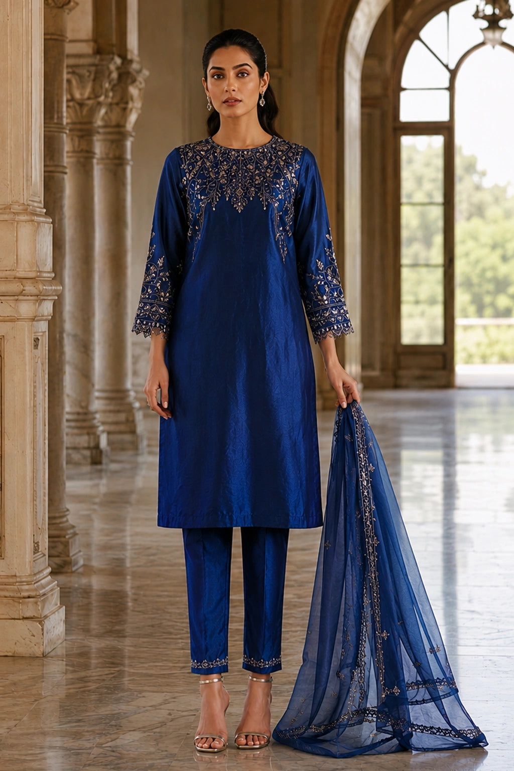 Rameen Cobalt deep blue Sheesha Silk formal suit with floral embroidery and embroidered organza dupatta by Miraam
