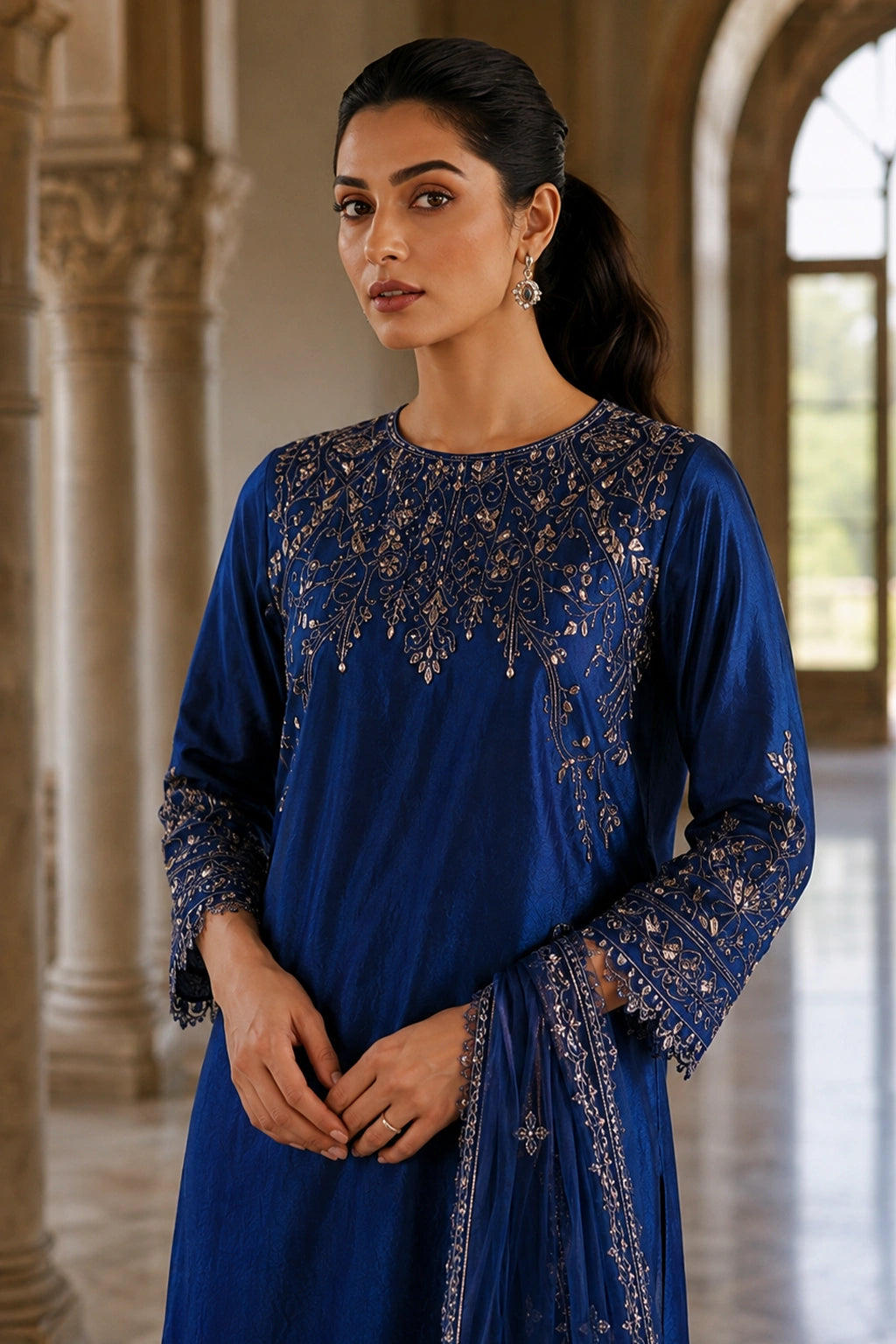 Rameen Cobalt deep blue Sheesha Silk formal suit with floral embroidery and embroidered organza dupatta by Miraam