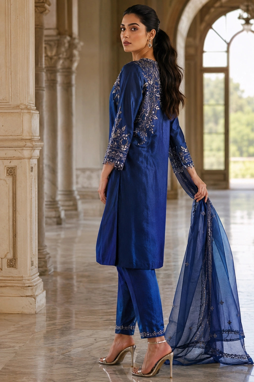 Rameen Cobalt deep blue Sheesha Silk formal suit with floral embroidery and embroidered organza dupatta by Miraam
