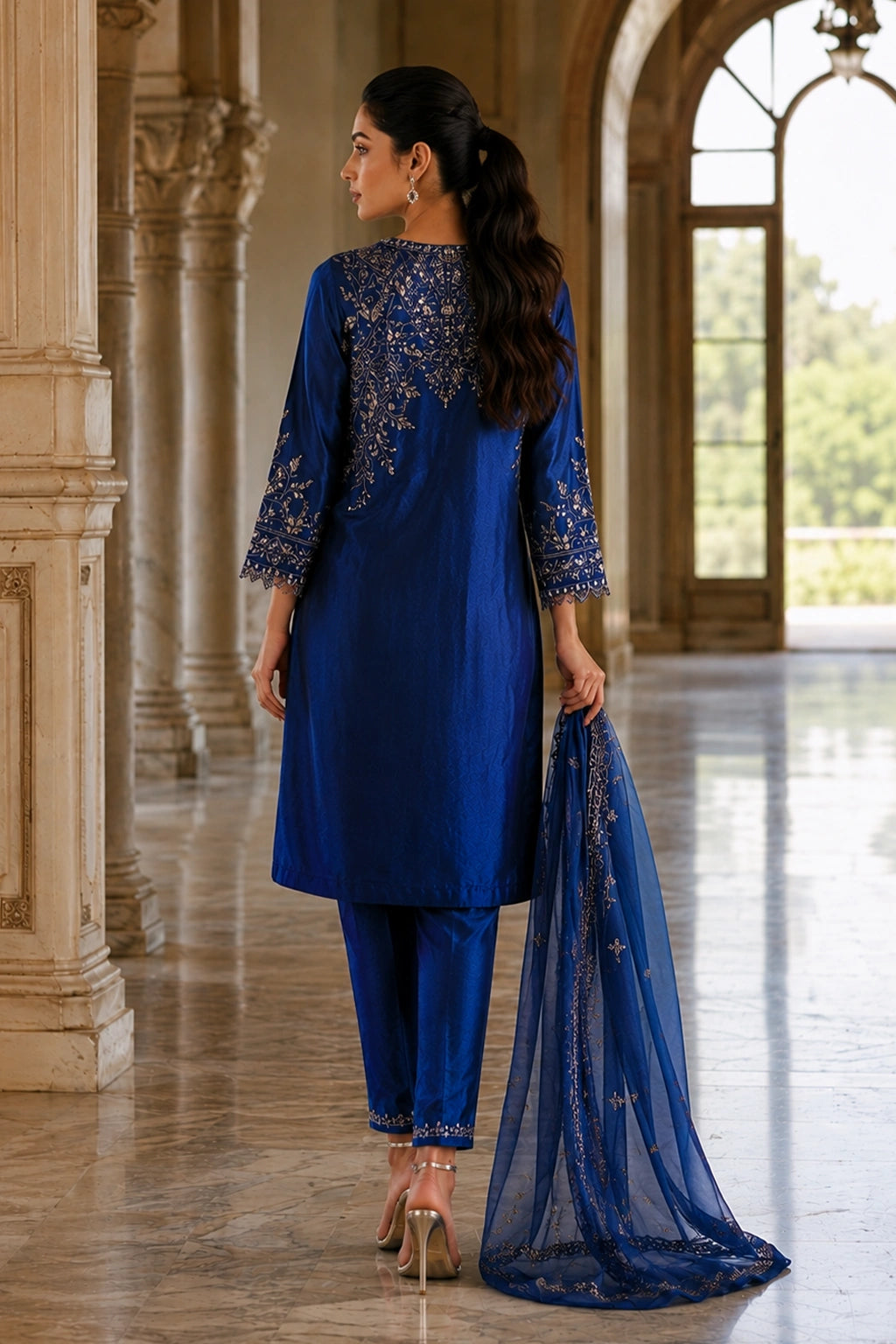 Rameen Cobalt deep blue Sheesha Silk formal suit with floral embroidery and embroidered organza dupatta by Miraam