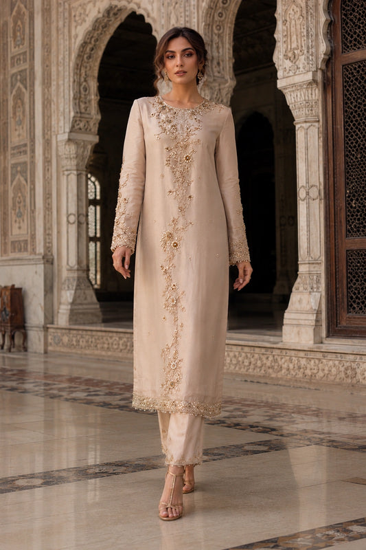 Luxury champagne Sheesha Silk formal dress with handcrafted botanical embroidery and embroidered organza dupatta by Miraam