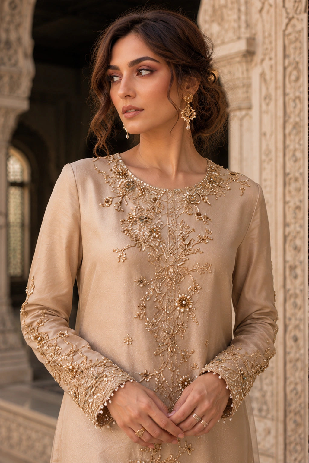 Luxury champagne Sheesha Silk formal dress with handcrafted botanical embroidery and embroidered organza dupatta by Miraam