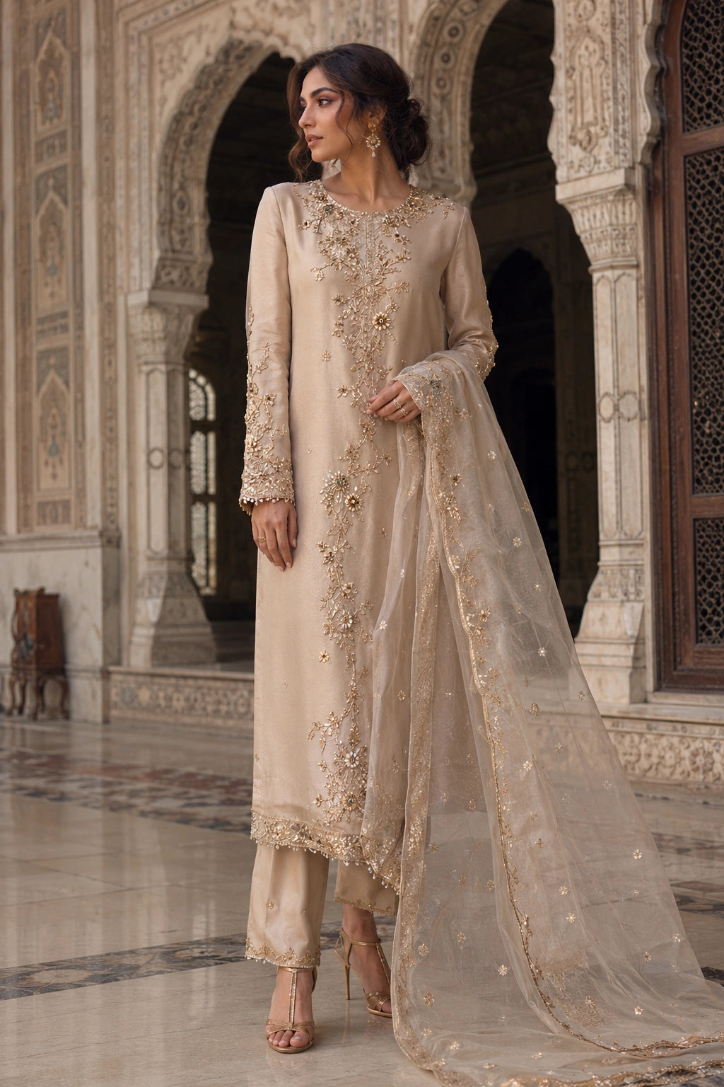 Luxury champagne Sheesha Silk formal dress with handcrafted botanical embroidery and embroidered organza dupatta by Miraam