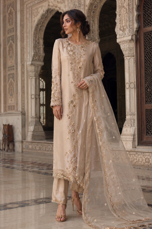 Luxury champagne Sheesha Silk formal dress with handcrafted botanical embroidery and embroidered organza dupatta by Miraam