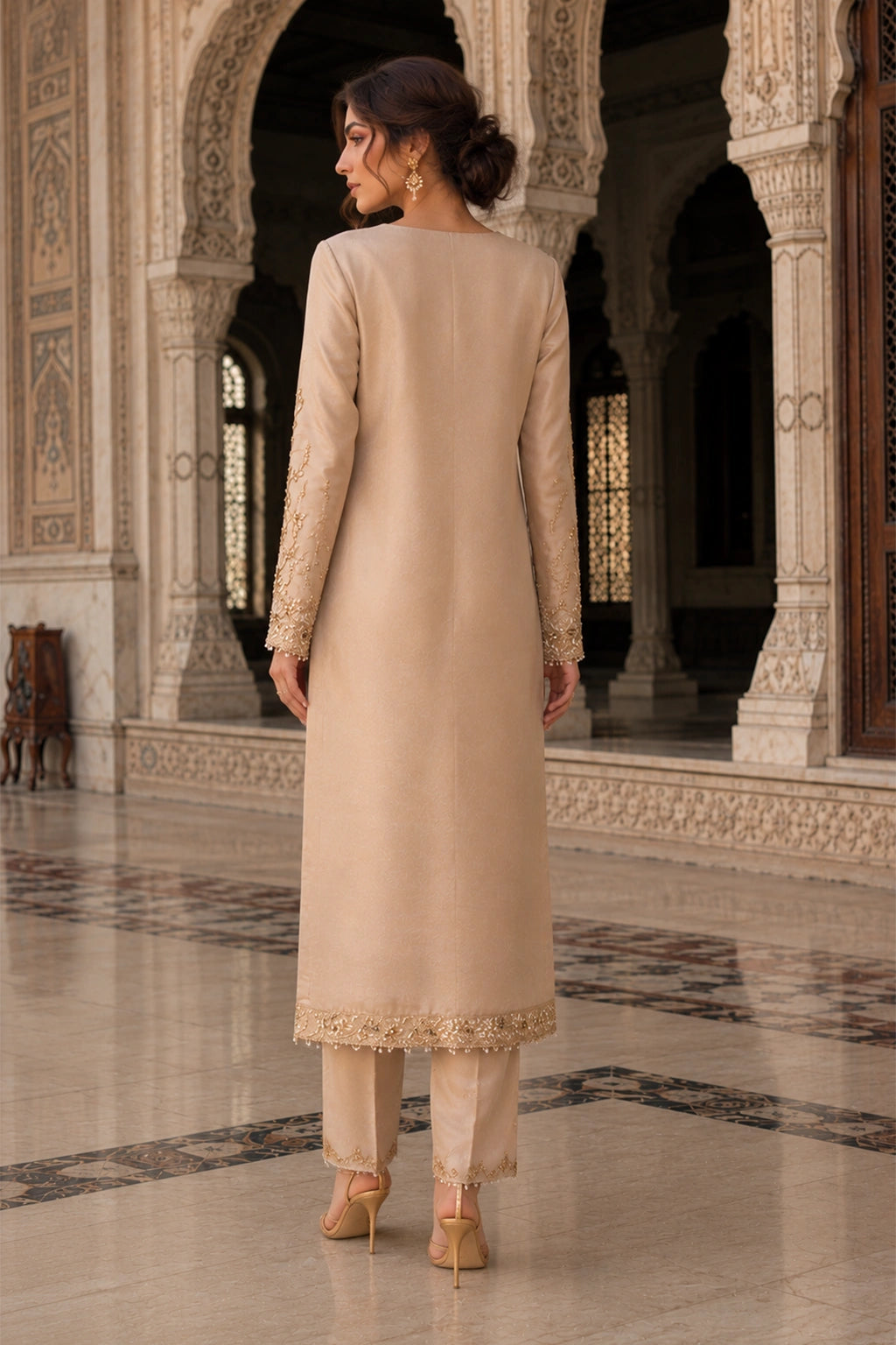 Luxury champagne Sheesha Silk formal dress with handcrafted botanical embroidery and embroidered organza dupatta by Miraam