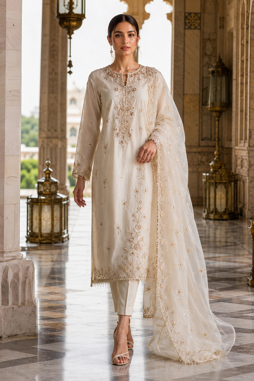 korean silk dress 3 Piece- Pure Korean Silk Embroidered Suit S111015 Aghanoorinternational
