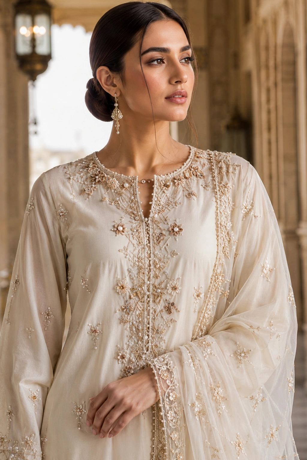Luxury ivory Korean silk formal suit with pearl embroidery and embroidered silk organza dupatta by Miraam