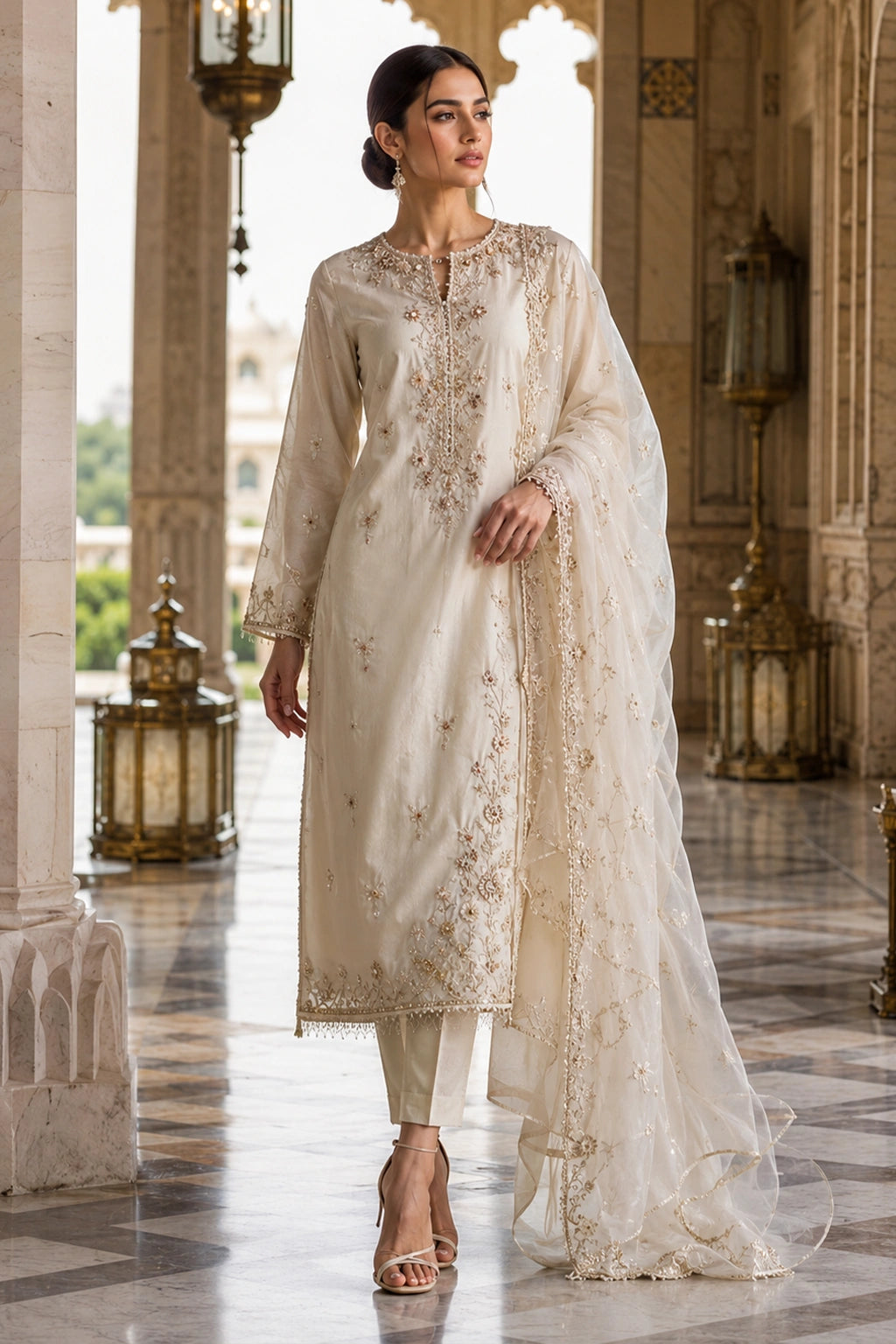 Luxury ivory Korean silk formal suit with pearl embroidery and embroidered silk organza dupatta by Miraam