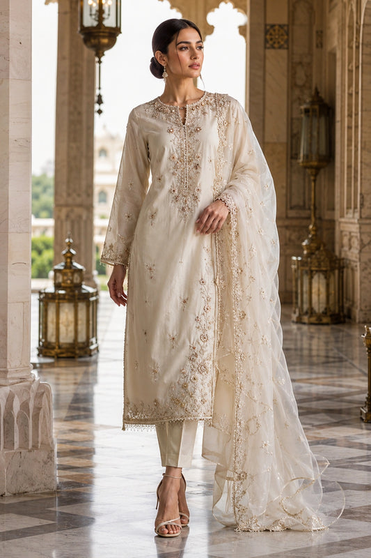 Luxury ivory Korean silk formal suit with pearl embroidery and embroidered silk organza dupatta by Miraam