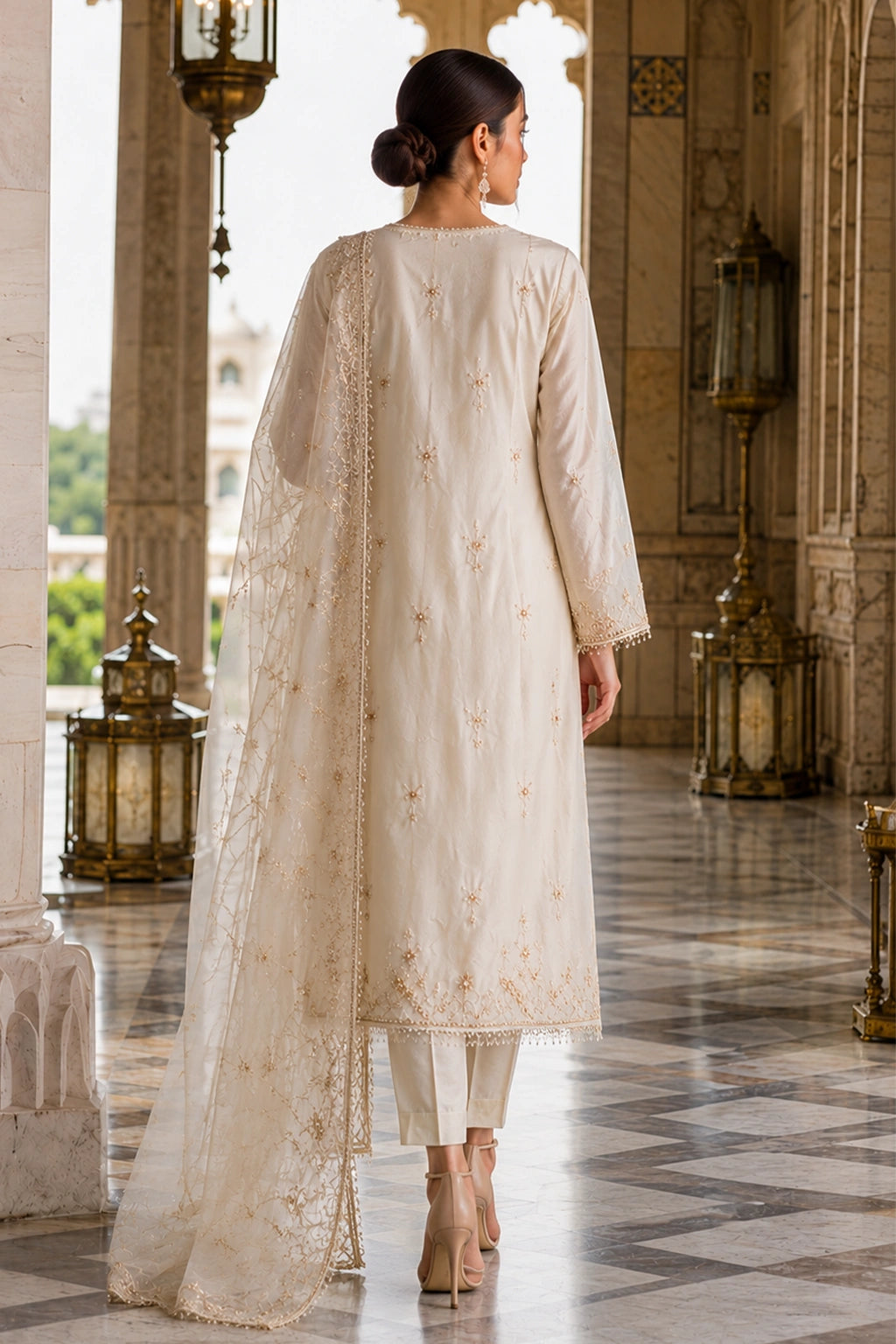 Luxury ivory Korean silk formal suit with pearl embroidery and embroidered silk organza dupatta by Miraam