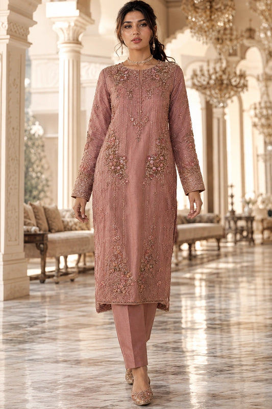 Luxury blush pink raw silk formal dress with handcrafted floral embellishments and embroidered organza dupatta by Miraam