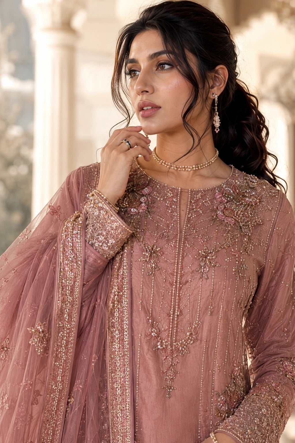 Luxury blush pink raw silk formal dress with handcrafted floral embellishments and embroidered organza dupatta by Miraam