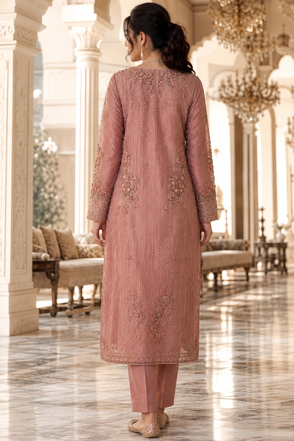 Luxury blush pink raw silk formal dress with handcrafted floral embellishments and embroidered organza dupatta by Miraam