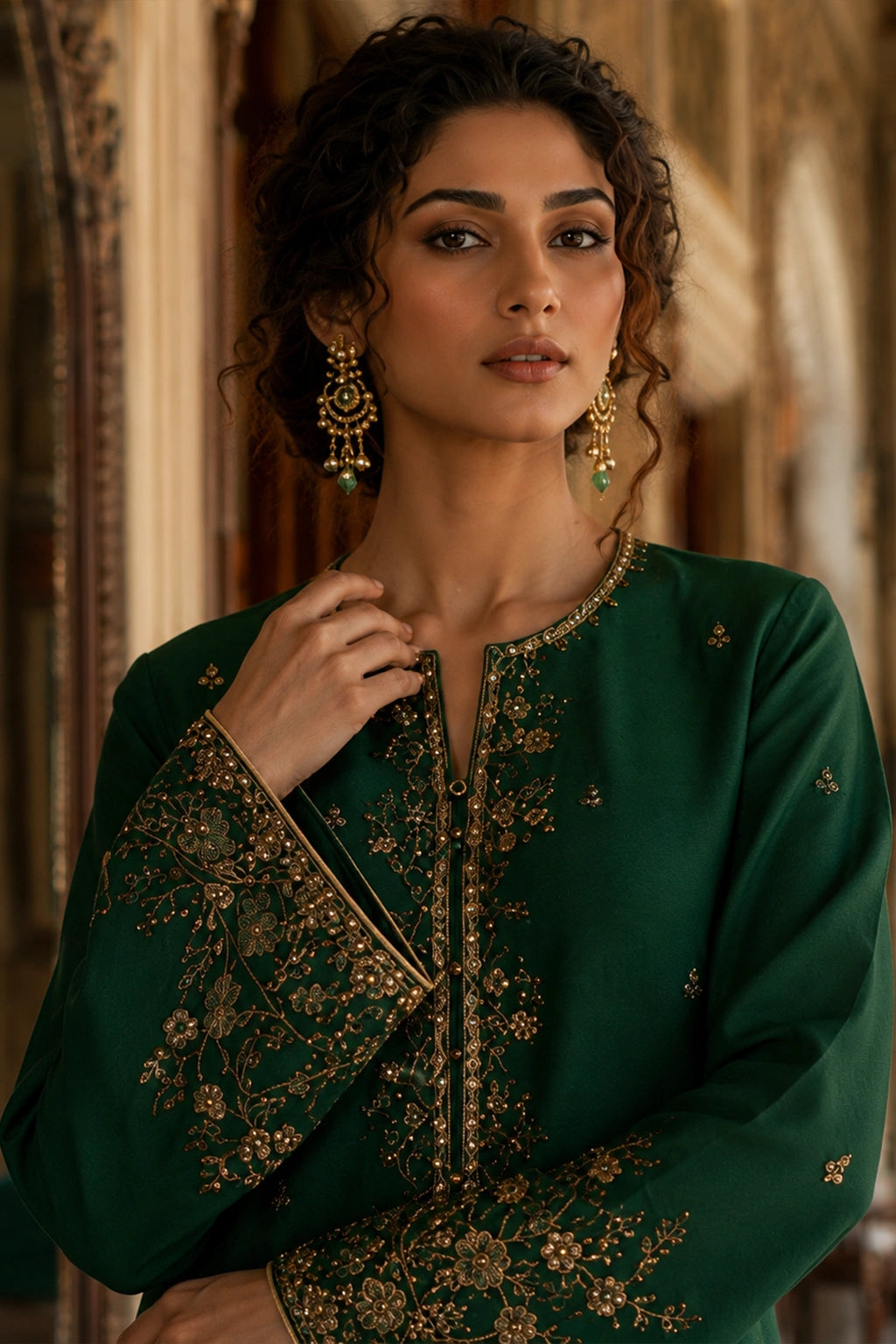 Luxury emerald green raw silk formal dress with antique gold embroidery and embroidered organza dupatta by Miraam