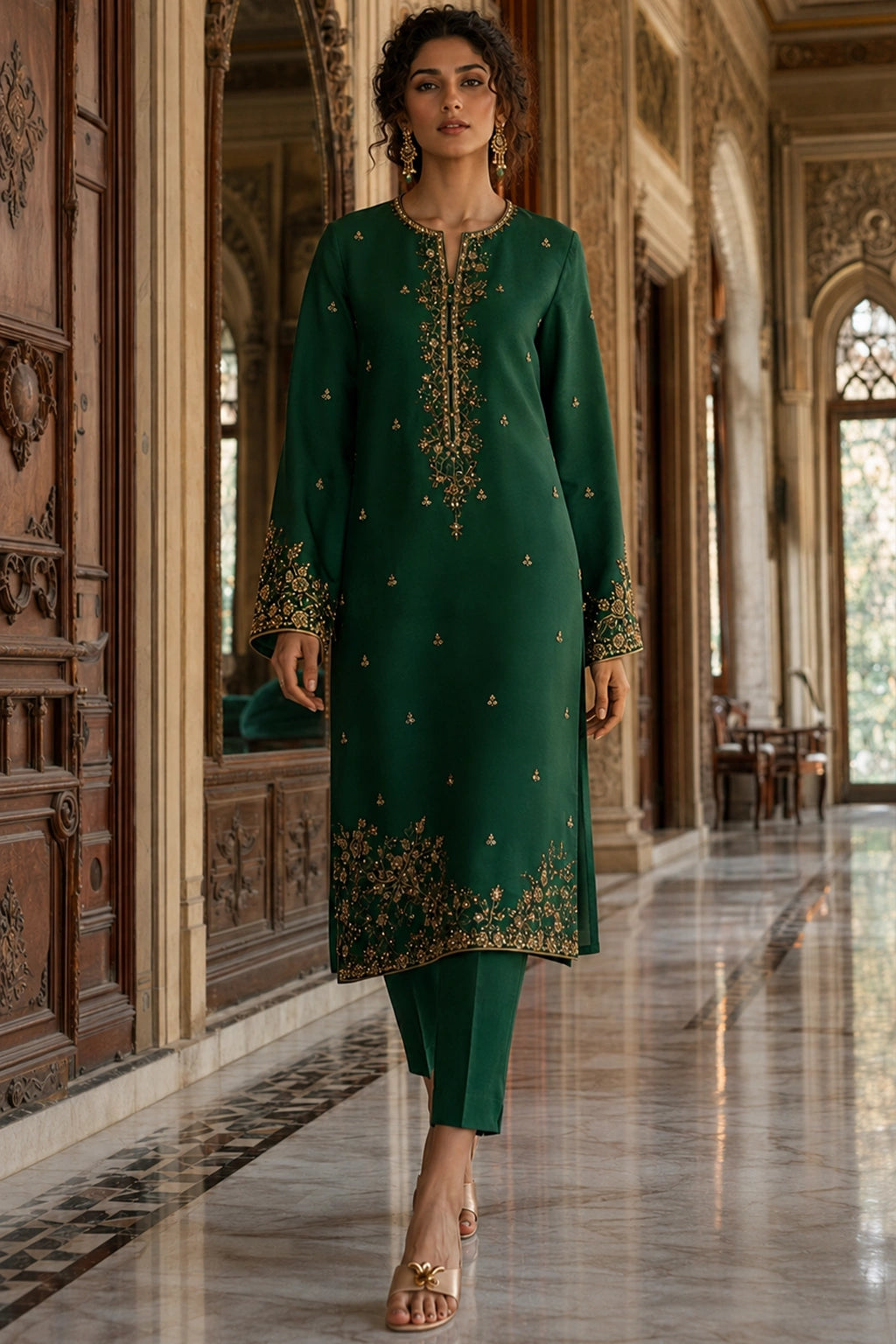 Luxury emerald green raw silk formal dress with antique gold embroidery and embroidered organza dupatta by Miraam