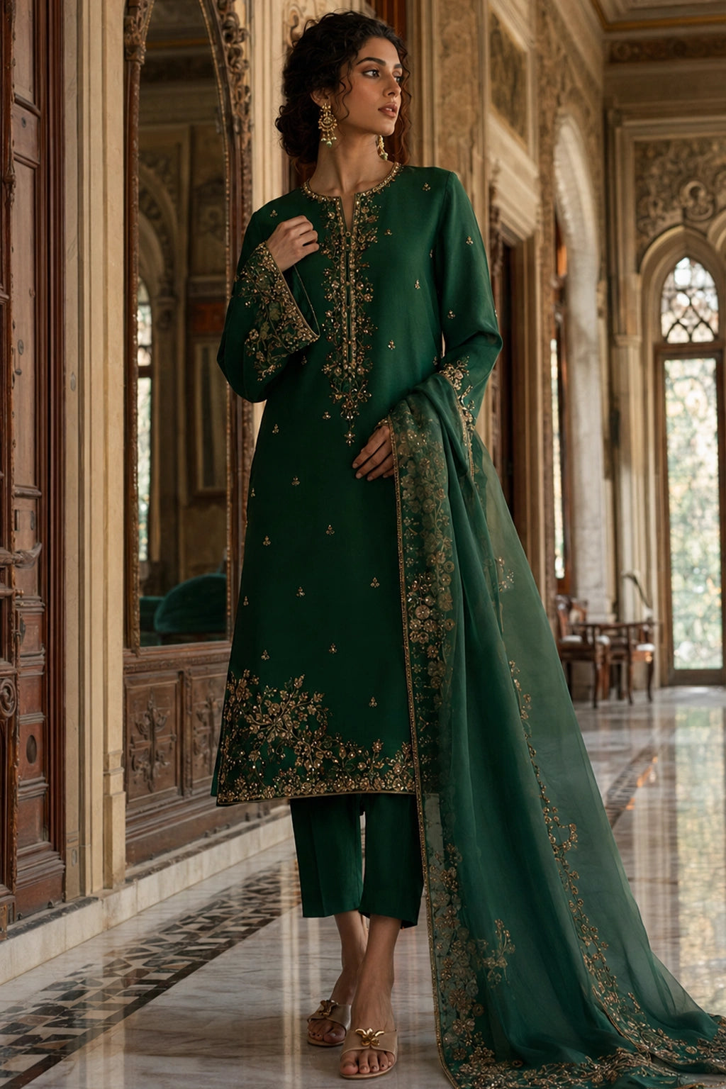 Luxury emerald green raw silk formal dress with antique gold embroidery and embroidered organza dupatta by Miraam