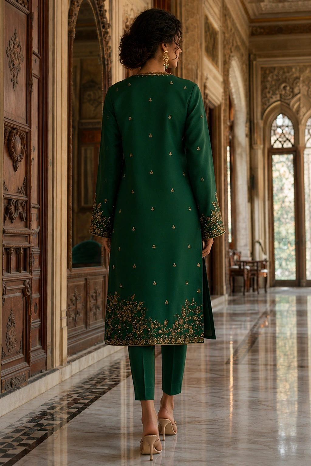 Luxury emerald green raw silk formal dress with antique gold embroidery and embroidered organza dupatta by Miraam
