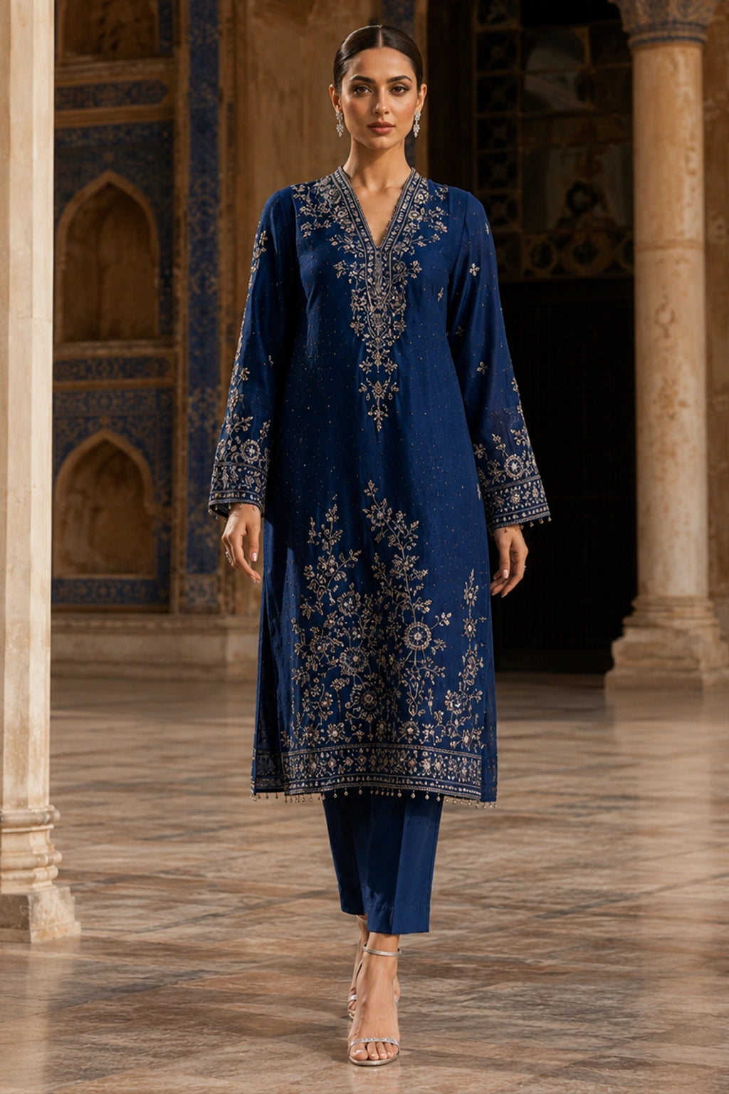 Luxury royal blue raw silk formal dress with silver embroidery and embroidered organza dupatta by Miraam
