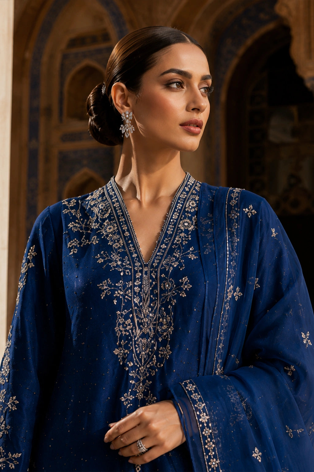 Luxury royal blue raw silk formal dress with silver embroidery and embroidered organza dupatta by Miraam
