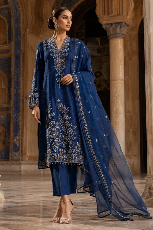 Luxury royal blue raw silk formal dress with silver embroidery and embroidered organza dupatta by Miraam