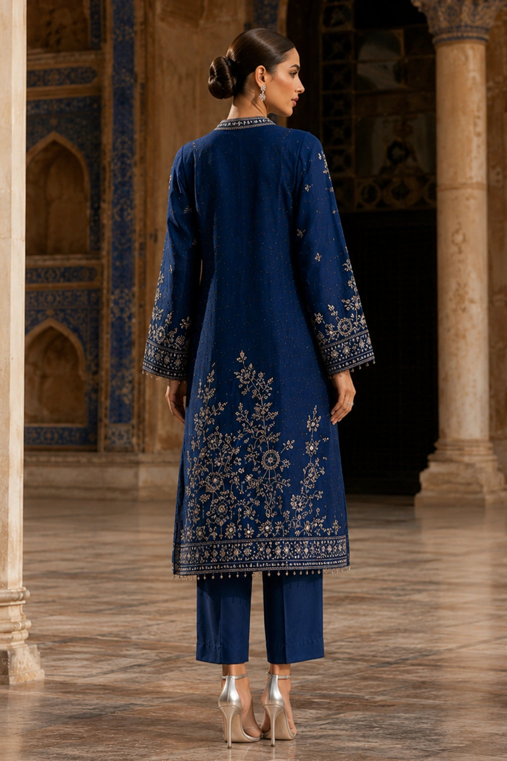 Luxury royal blue raw silk formal dress with silver embroidery and embroidered organza dupatta by Miraam