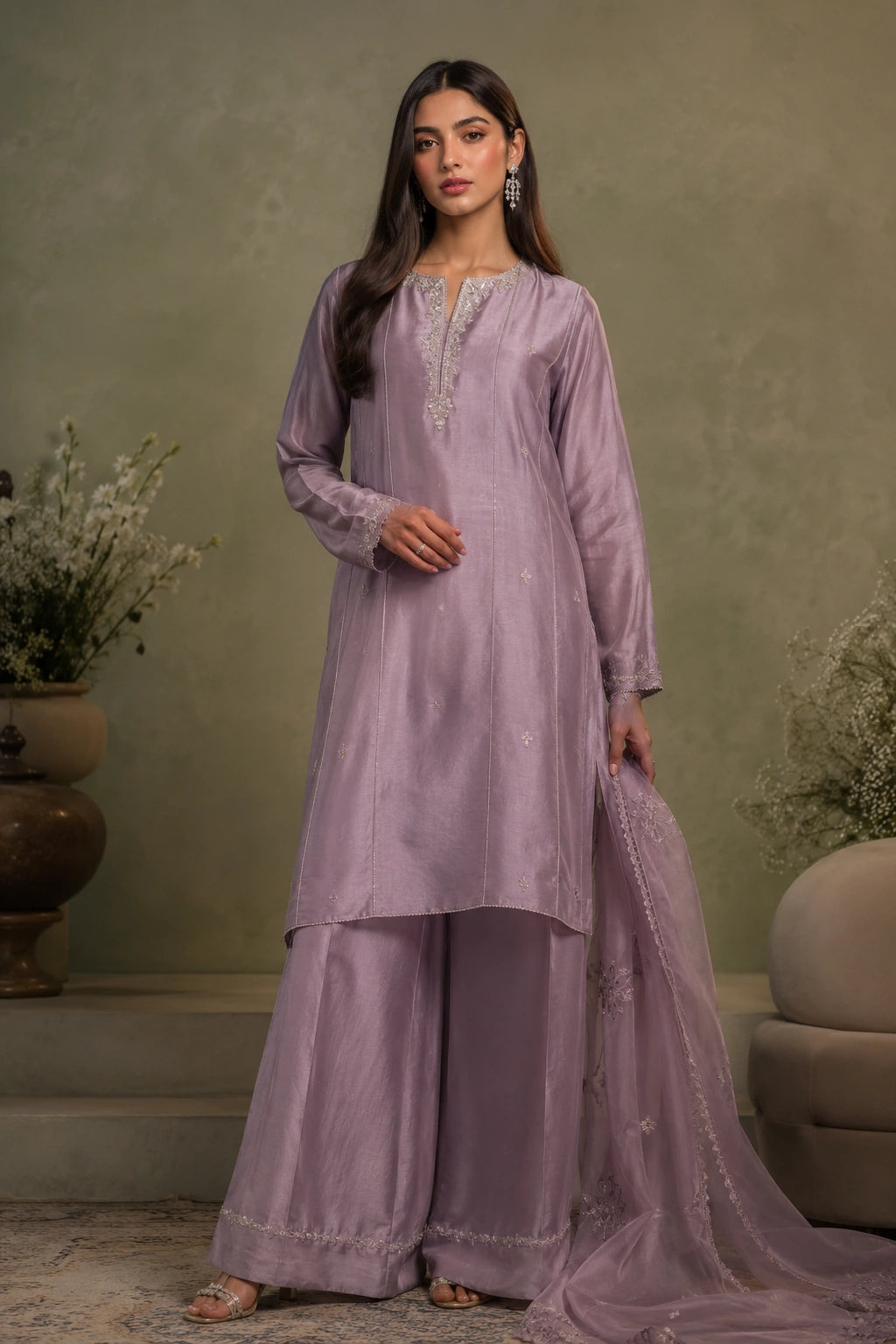 Améline Lilac by Miraam featuring a soft lilac sheesha silk embroidered shirt, matching wide-leg pants and an embroidered organza dupatta.