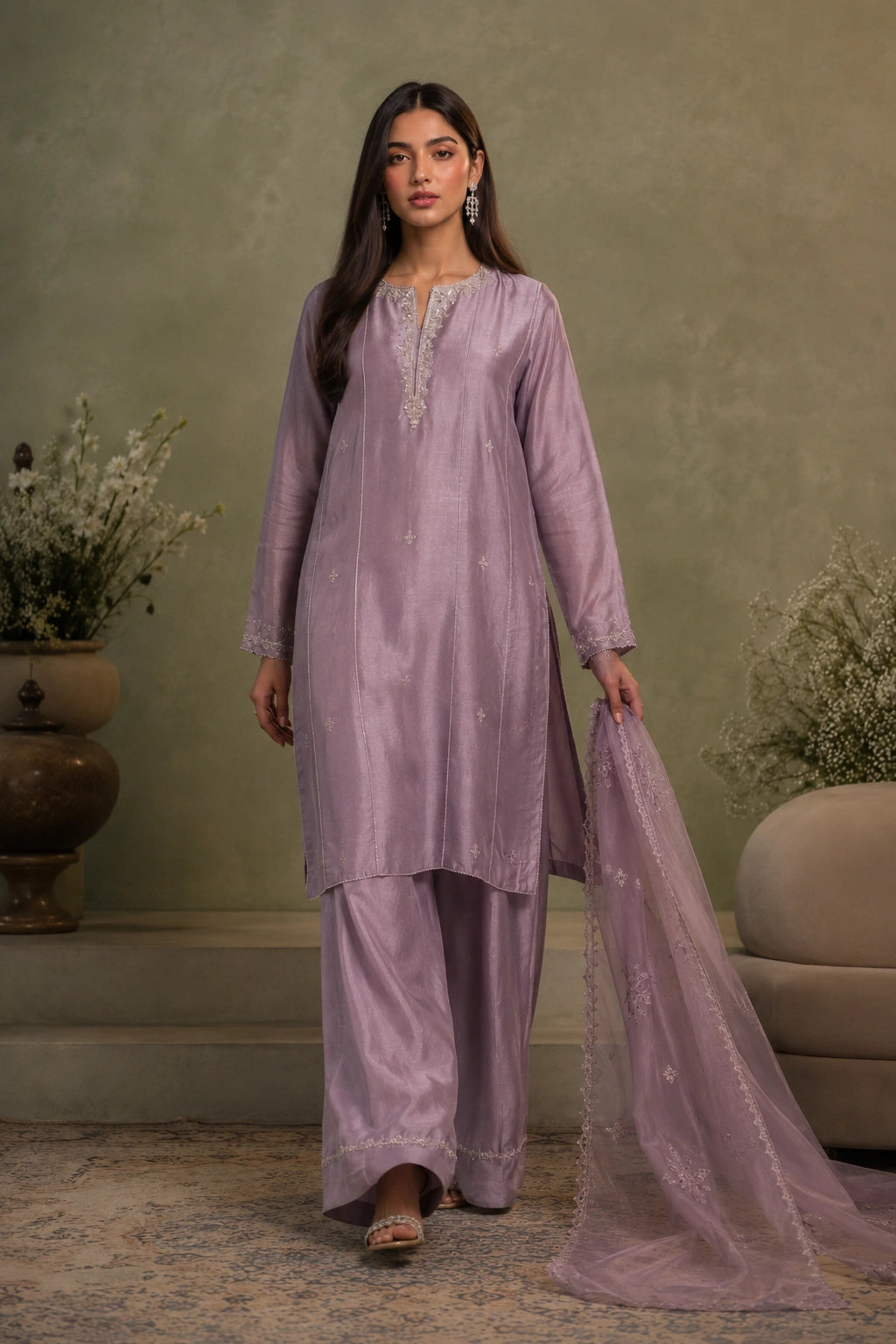 Améline Lilac by Miraam featuring a soft lilac sheesha silk embroidered shirt, matching wide-leg pants and an embroidered organza dupatta.