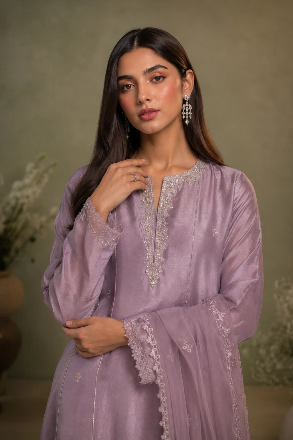 Améline Lilac by Miraam featuring a soft lilac sheesha silk embroidered shirt, matching wide-leg pants and an embroidered organza dupatta.