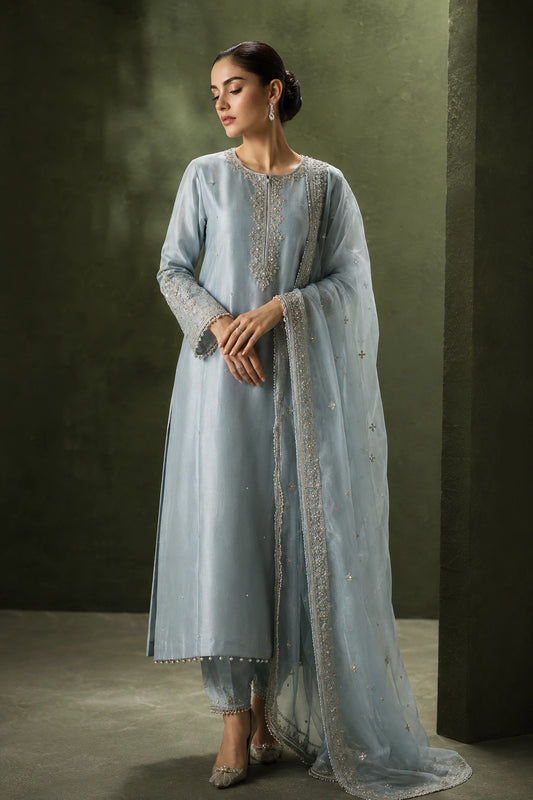 Azure Élise by Miraam featuring a powder blue sheesha silk shirt with straight pants and an embroidered organza dupatta.
