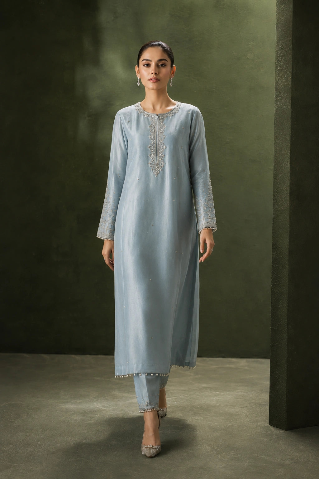 Azure Élise by Miraam featuring a powder blue sheesha silk shirt with straight pants and an embroidered organza dupatta.