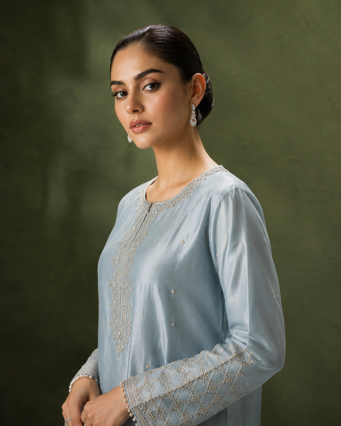 Azure Élise by Miraam featuring a powder blue sheesha silk shirt with straight pants and an embroidered organza dupatta.