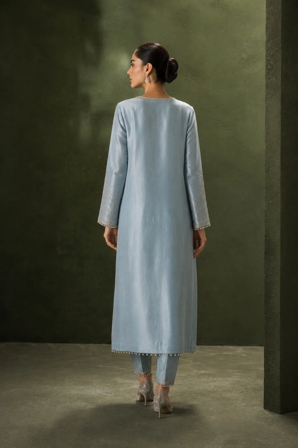 Azure Élise by Miraam featuring a powder blue sheesha silk shirt with straight pants and an embroidered organza dupatta.
