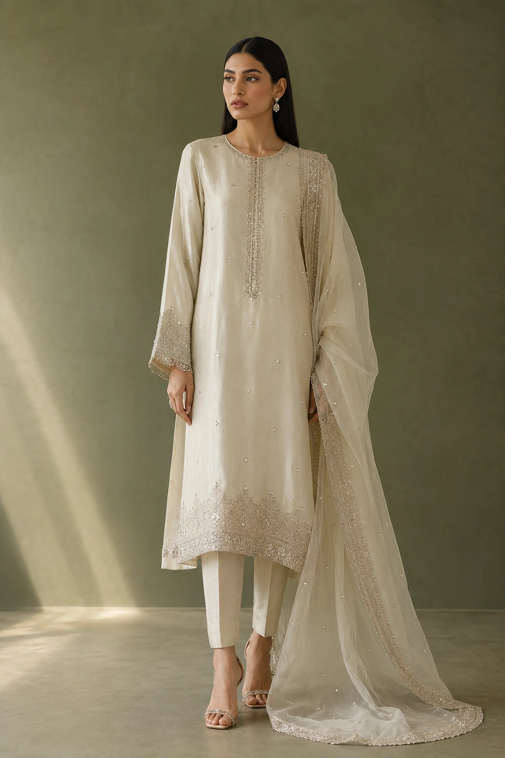Éloise Ivory by Miraam in luxury sheesha silk featuring delicate embroidery and an embroidered organza dupatta.