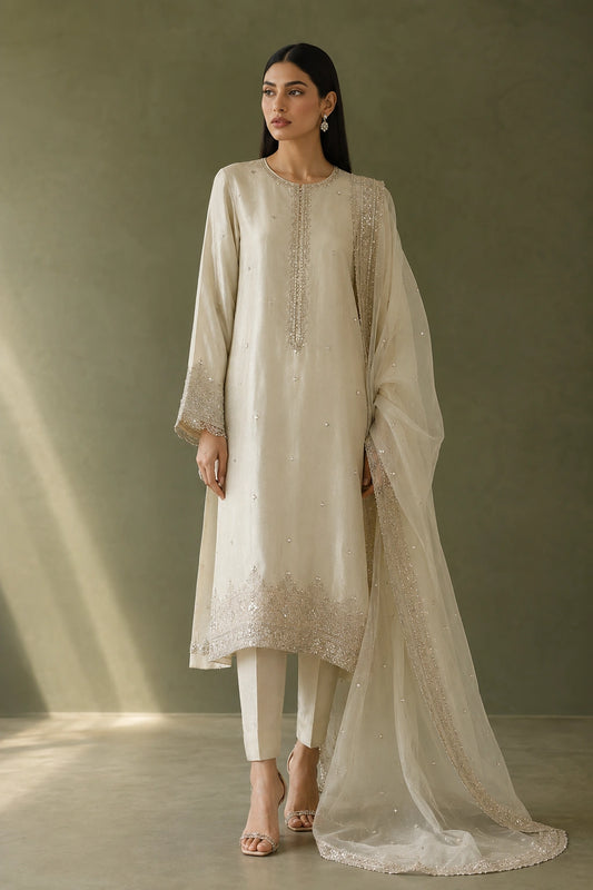 Éloise Ivory by Miraam in luxury sheesha silk featuring delicate embroidery and an embroidered organza dupatta.